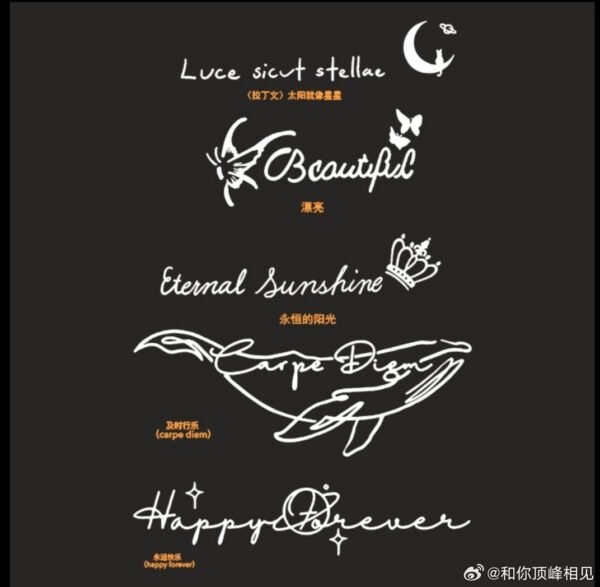 The meaning of the tattoo pattern: (Latin) The sun is like a star, beautiful, eternal sunshine, timely enjoyment, and eternal happiness