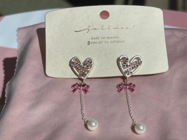 Italian bow heart pearl tassel diamond earrings