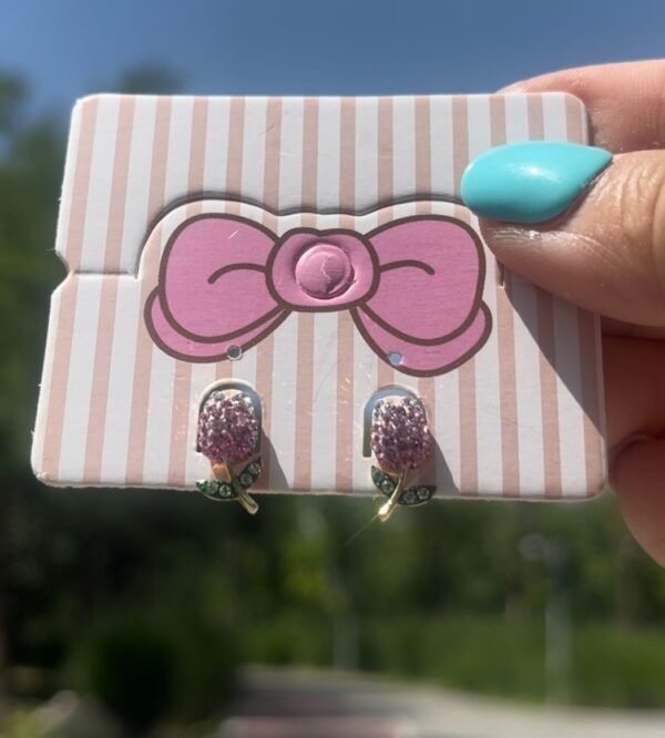 Austrian designer pink flower green leaf diamond tulip earrings
